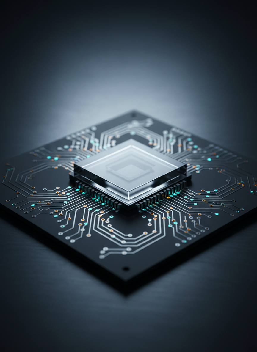 A dramatic close-up of a transparent, glass-like quantum processor chip resting on a matte black circuit board etched with intricate silver pathways. Tiny glowing indicators in cyan and amber run along the connections, hinting at quantum states and advanced computation. The board lies on a dark, brushed-metal surface that subtly reflects the components. Focused, directional studio lighting from above and slightly behind creates rim highlights on the edges of the chip and casts crisp, technical shadows, emphasizing precision. The photographic realism reveals microscopic details of the circuits while the background fades to deep, defocused gradients of indigo and midnight blue. Shot with a macro lens and extremely shallow depth of field, the composition feels high-tech, enigmatic, and professional, perfectly capturing the frontier nature of quantum computing education for a serious, forward-thinking audience.