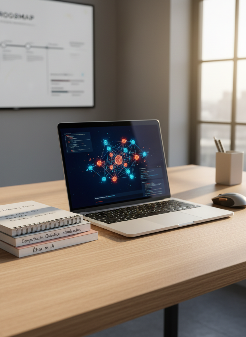 A meticulously organized workspace featuring an open silver laptop displaying a vibrant 3D neural network visualization, with interconnected glowing nodes in blues and oranges hovering over dark code panels. The laptop sits on a light oak desk with a fine-grain texture, beside a neatly stacked set of notebooks labeled in Spanish with topics like “Machine Learning Básico” and “Computación Cuántica Introductoria.” Soft morning window light streams in from the right, casting long, gentle shadows and warm highlights on metallic surfaces. In the blurred background, a large wall-mounted screen shows a clean, minimalist course roadmap timeline. Shot in photographic realism at a slightly elevated three-quarter angle, the composition follows the rule of thirds, evoking a calm, intellectually stimulating, and aspirational atmosphere that feels both accessible to beginners and relevant for advanced professionals.