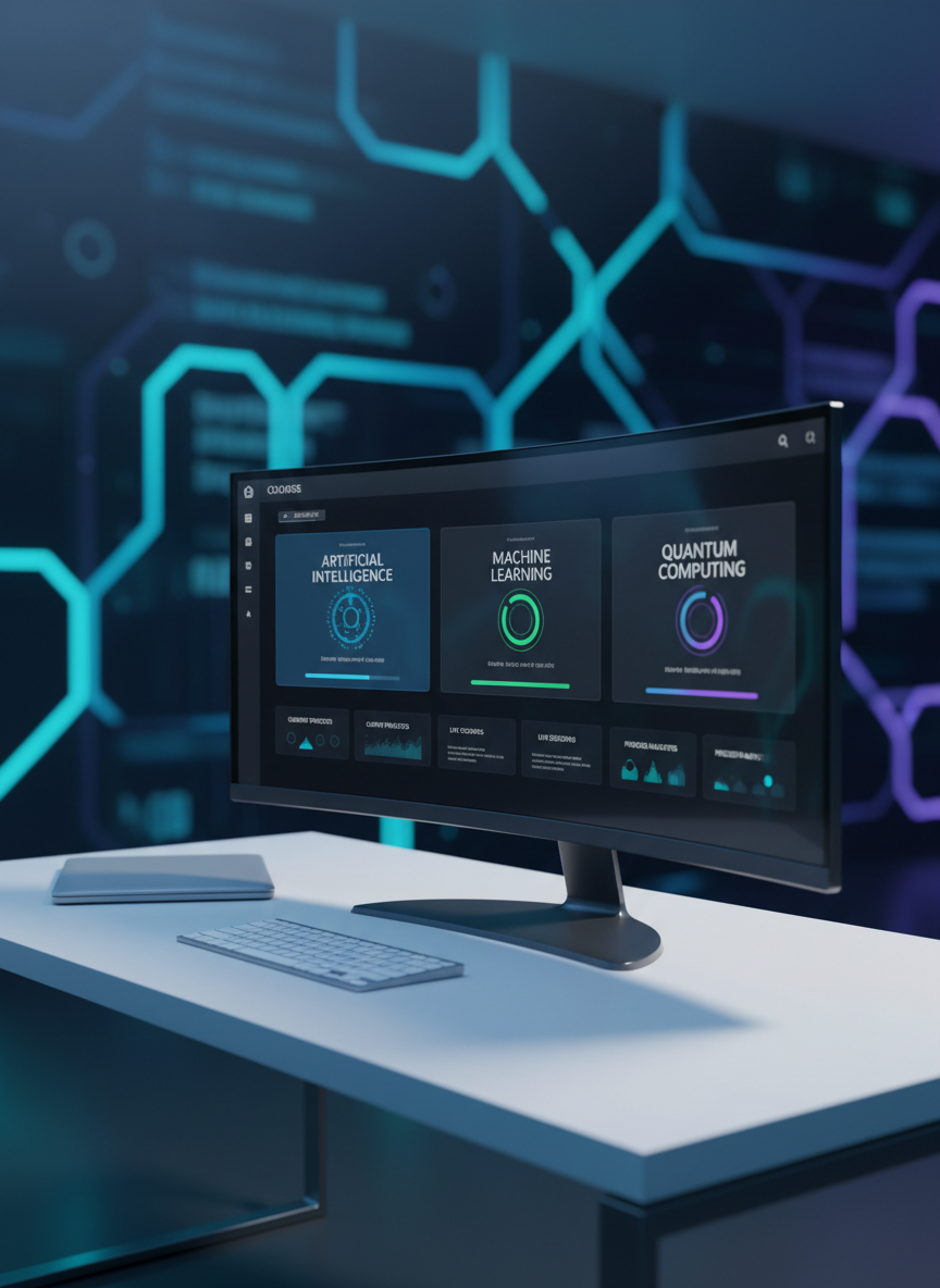 A sleek, futuristic digital classroom environment displayed on an ultra-wide 3D-rendered monitor with razor-sharp resolution, showing an interactive dashboard of courses on machine learning, artificial intelligence, and quantum computing. The monitor rests on a minimalist white desk with a subtle matte texture, surrounded by a few neatly arranged tech accessories like a closed silver laptop and a slim wireless keyboard. Cool, diffused studio lighting from the left creates soft reflections on the screen and gentle shadows on the desk surface. The photographic realism emphasizes clean lines and a professional, modern Latin American online school aesthetic. Shot at eye level with a slight three-quarter angle, the background falls into a soft bokeh of abstract geometric shapes in deep blues and teals, suggesting data and connectivity, reinforcing an inspiring yet focused atmosphere.