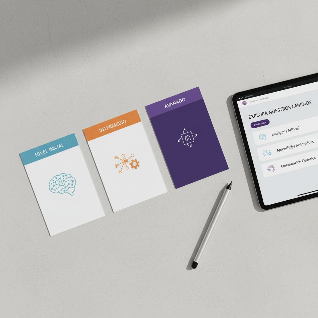 An elegant, minimalist flat-lay composition on a smooth, light concrete surface featuring printed course cards for different levels of emerging technology education: “Nivel Inicial,” “Intermedio,” and “Avanzado,” each card with a distinct color band and iconography for AI, machine learning, and quantum computing. Beside them, a sleek black tablet displays a clean Spanish-language course overview page. A slim metallic stylus rests diagonally, creating a dynamic line through the composition. Soft, diffused daylight from the top of the frame produces gentle, almost shadowless illumination with subtle gradients across the materials. Photographic realism highlights the paper textures and tablet glass reflections. The mood is orderly, accessible, and inclusive, conveying that both tech and non-tech professionals can navigate these pathways with clarity on this Latin American online school platform.