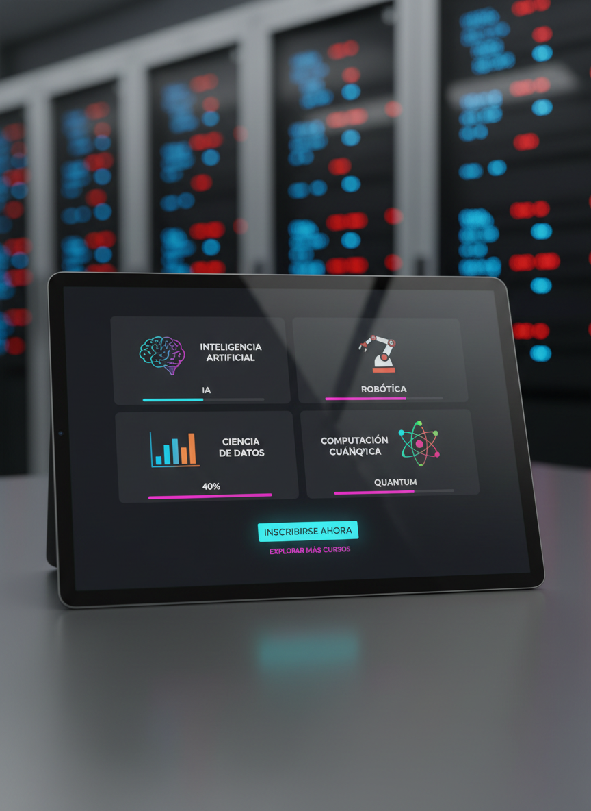 A high-end dark-mode interface of an online course platform on emerging technologies filling a large, frameless tablet lying flat on a smooth, charcoal-gray desk. The screen shows a structured curriculum with colorful icons for AI, data science, robotics, and quantum computing modules, organized in a clear grid. Subtle neon accents in cyan and magenta highlight progress bars and call-to-action buttons. Overhead softbox lighting casts an even, professional illumination, with delicate specular highlights on the tablet’s glass and gentle shadows beneath. A blurred background of out-of-focus server racks with small LED lights suggests powerful infrastructure without distraction. Photographic realism, shot from a slightly elevated angle with shallow depth of field, creates a focused, efficient, and forward-looking mood, ideal for a Latin American audience seeking professional upskilling in cutting-edge fields.