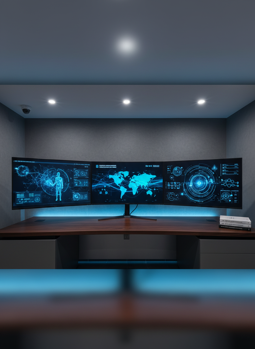 A panoramic, ultra-wide scene of a modern digital operations room featuring three curved monitors arranged in a gentle arc on a dark walnut desk, each screen displaying different aspects of an emerging technologies curriculum: interactive AI simulations, data visualizations, and quantum algorithm diagrams. Ambient cool-blue LED light strips under the desk and behind the monitors create a subtle halo effect on the wall. Overhead, soft diffused lighting maintains a professional, low-glare environment. A few neatly placed reference books in Spanish with clean, minimalist covers sit to one side, reinforcing the Latin American educational context. Captured in photographic realism from a slightly low, centered angle, the composition emphasizes depth and immersion while keeping all elements sharp. The atmosphere is focused, advanced, and aspirational, suggesting a control center for mastering the technologies that will shape the future workforce.